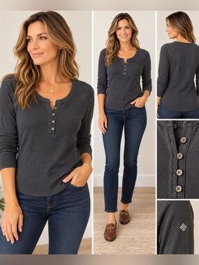 Columbia Women’s Size XS Black Performance Waffle Knit Henley Long Sleeve Top
